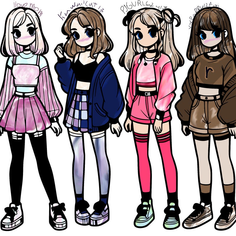 one girl with crop-top shirt and a jacket with a skirt, long socks and another girl with a shirt and pants with a jacket