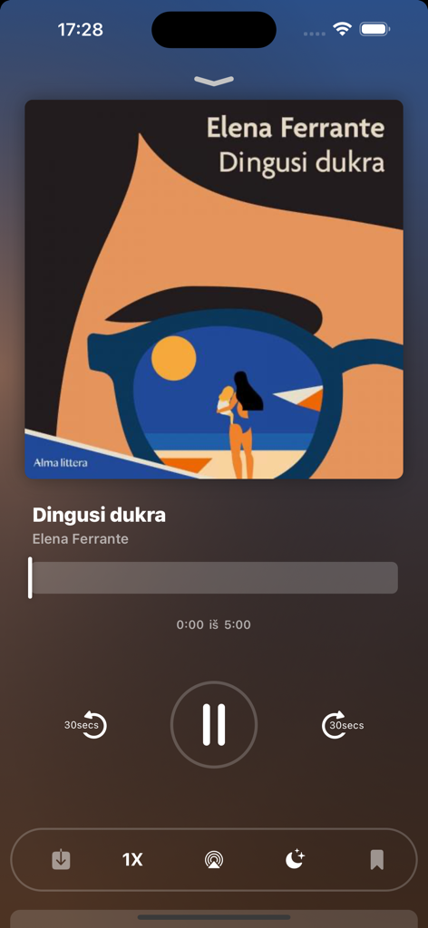 Pegasas - Interface do reprodutor de audiolivros do aplicativo Pegasas com um título lituano de Elena Ferrante.