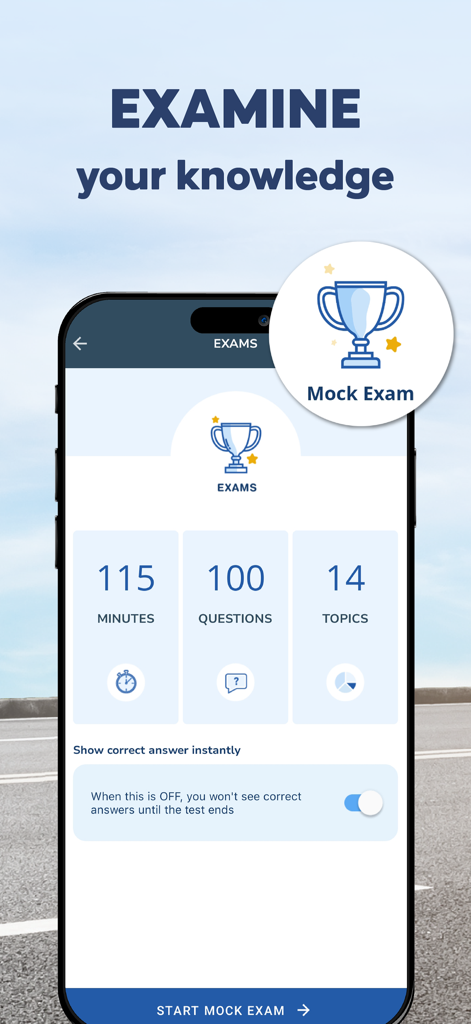 LGV & HGV Theory Test Kit 2026 - Mock exam interface in the LGV and HGV theory test app showing a 100 question practice test setup.