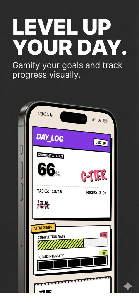 ADHD OS app interface displaying gamified daily progress with status percentage and focus metrics