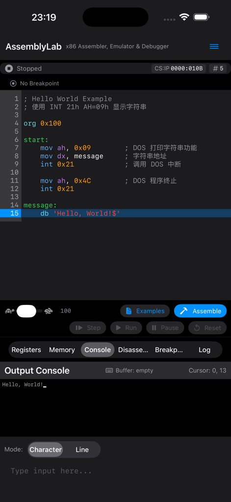 Assembly Lab app interface displaying 8086 assembly code and a Hello World message in the output console.