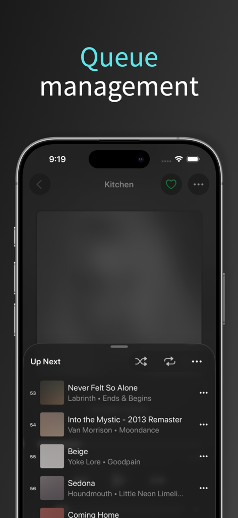 Clic for Sonos - Clic for Sonos App zeigt den Bildschirm zur Verwaltung der Musikwarteschlange auf einem iPhone an