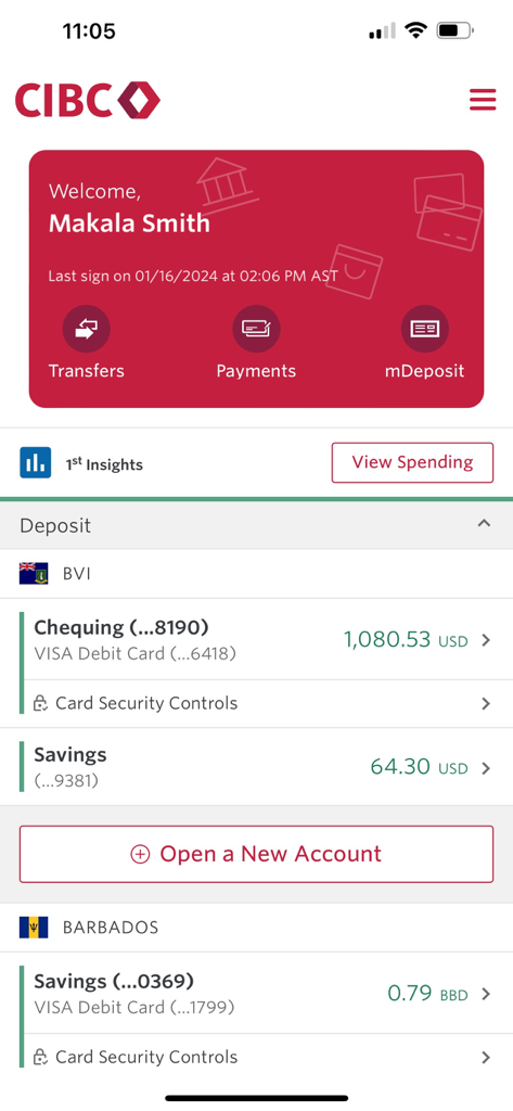 CIBC Caribbean Mobile - Dashboard of CIBC Caribbean Mobile app showing USD and BBD bank account balances