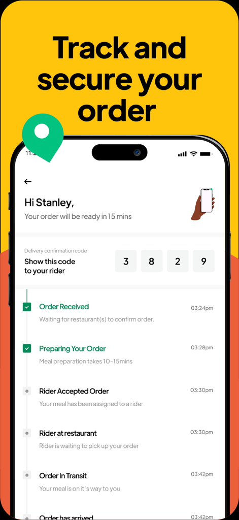 Chowdeck | Food Delivery - Real-time order tracking interface with a delivery confirmation code on the Chowdeck app