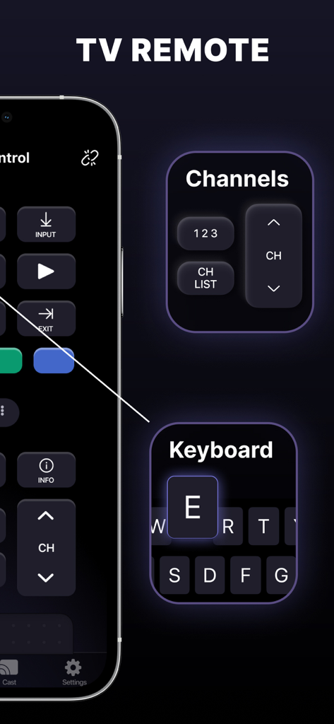 Smart TV remote app interface showing channel controls and keyboard input feature