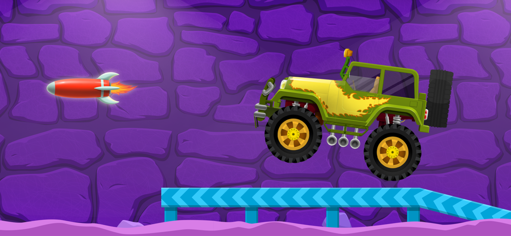 Truck Builder - Games For Kids - A green monster truck with flame decals jumping from a ramp while a red rocket flies in the background of a purple cave