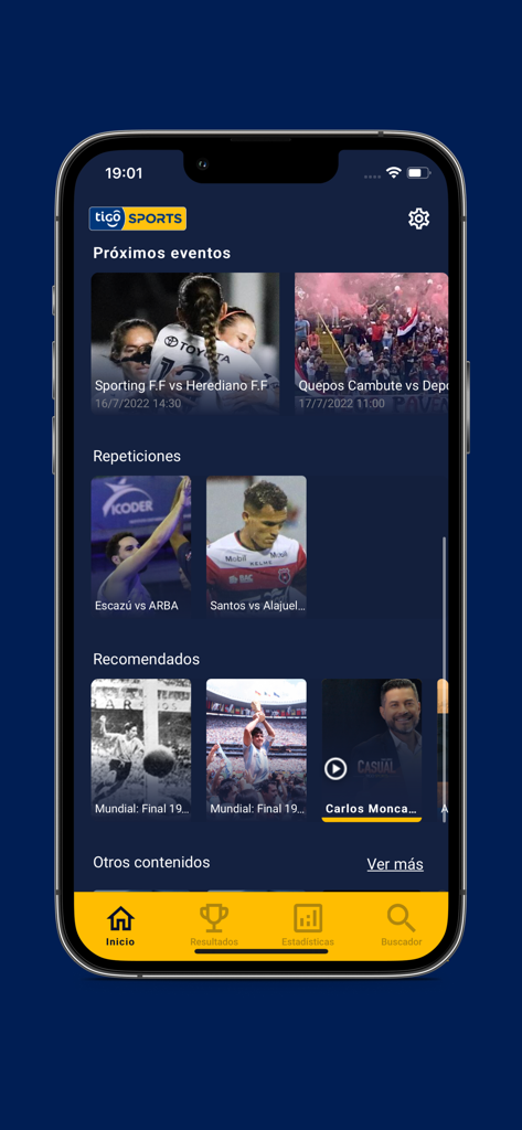 Tigo Sports Costa Rica mobile app home screen with live sports events and news