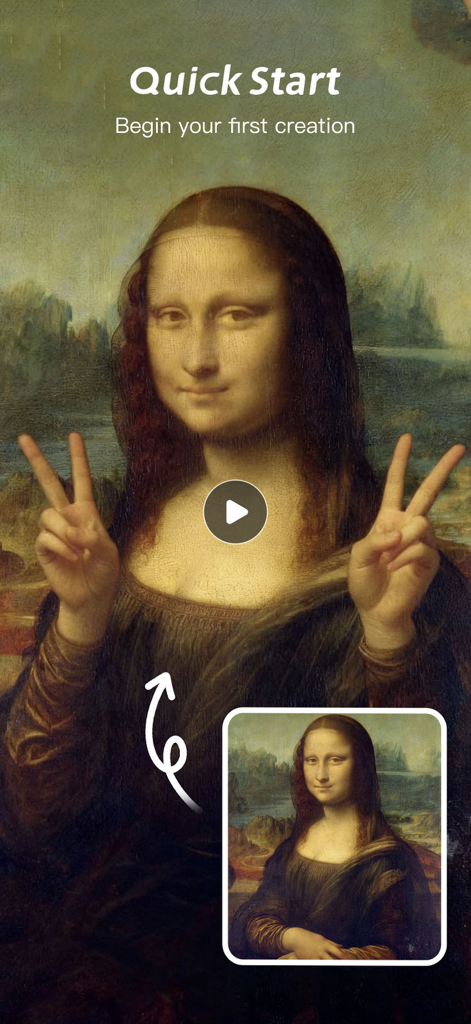 Image To Videos AI - Interfaz de la aplicación de IA que muestra una imagen estática de la Mona Lisa transformándose en un video cinematográfico donde ella hace signos de paz.
