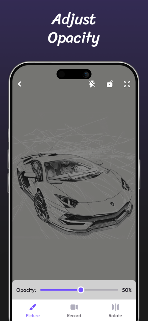 AR Drawing Paint Sketch Trace - AR drawing app screen showing a car sketch with a slider to adjust transparency