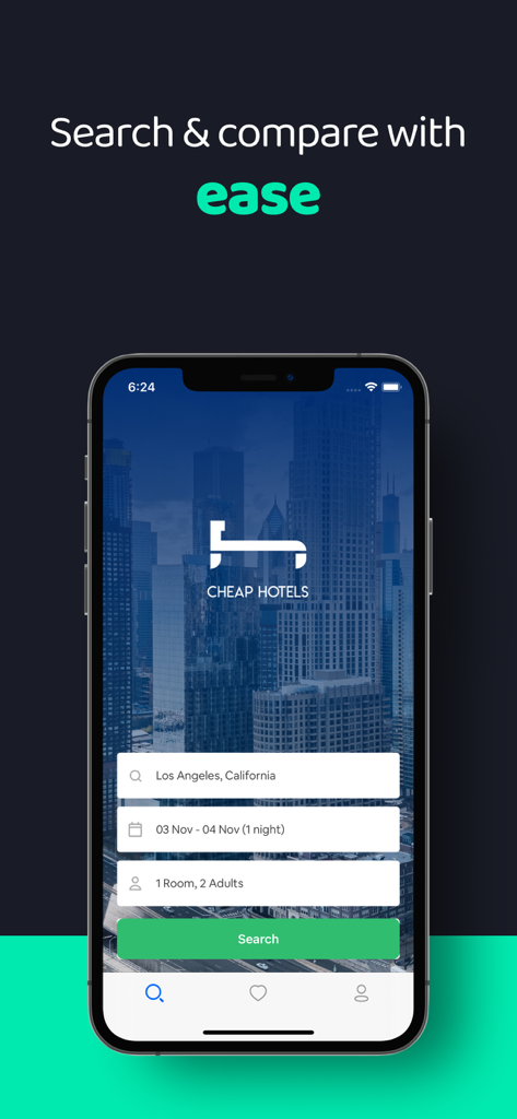 Cheap Hotels・Hotel Deals - Search screen for Cheap Hotels app showing destination selection for Los Angeles