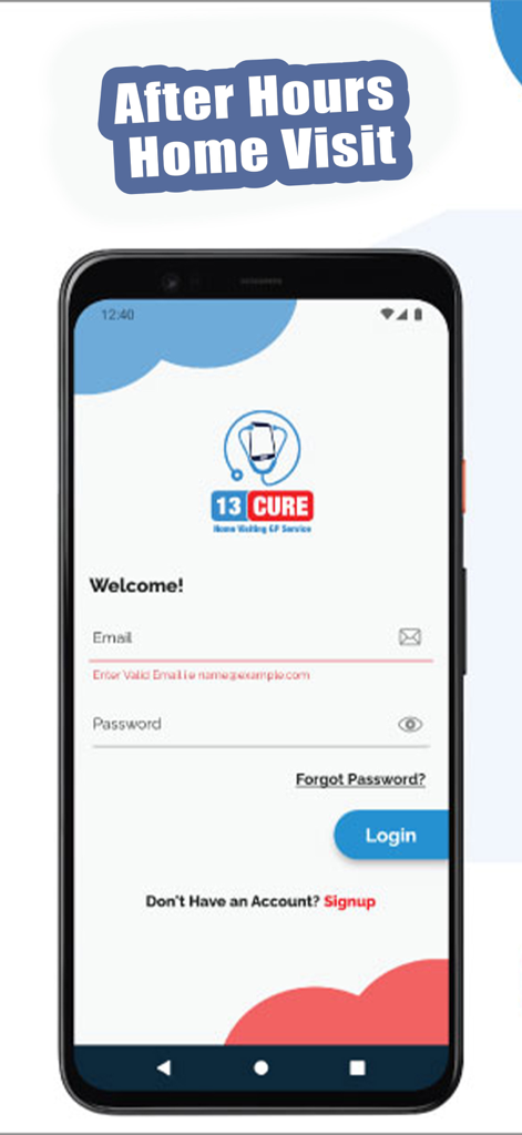 13CURE mobile app login screen for after hours home doctor visits
