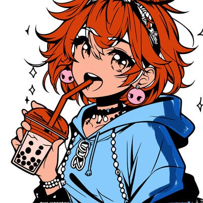 hot baddie anime girl drinking boba and biting the straw