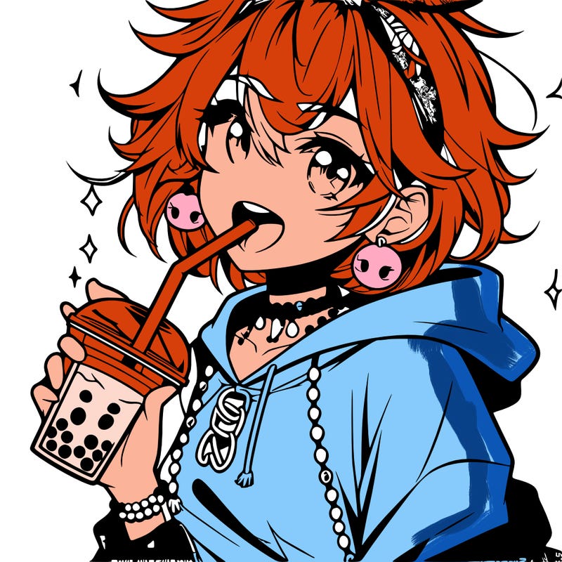 hot baddie anime girl drinking boba and biting the straw