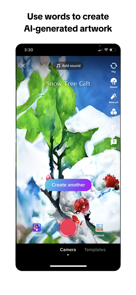 TikTok - Videos, Shop & LIVE - Interfaz de TikTok que muestra arte generado por IA a partir de la indicación de texto Snow Tree Gift.