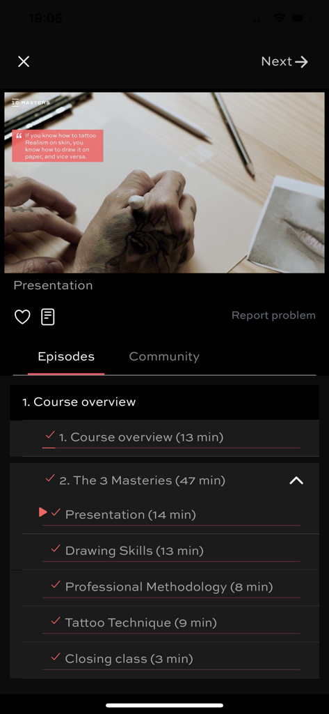 10 Masters app screen showing tattoo training course episodes and video player.