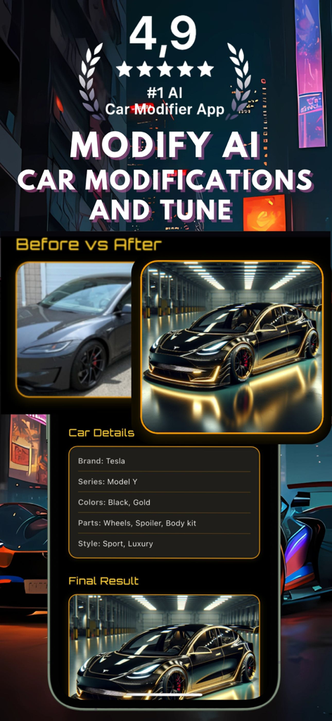 Modify Ai Car Designer & Tune - Before and after transformation of a Tesla Model Y using the AI car modification app
