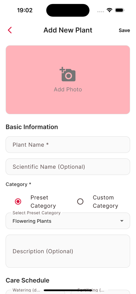 Comp Study: Gardening Life - Pantalla de la aplicación móvil para agregar una nueva planta con campos para nombre, nombre científico y categoría en la aplicación Gardening Life