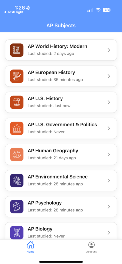 Dashboard view of the LumiSource app showing a list of AP study subjects including History and Science