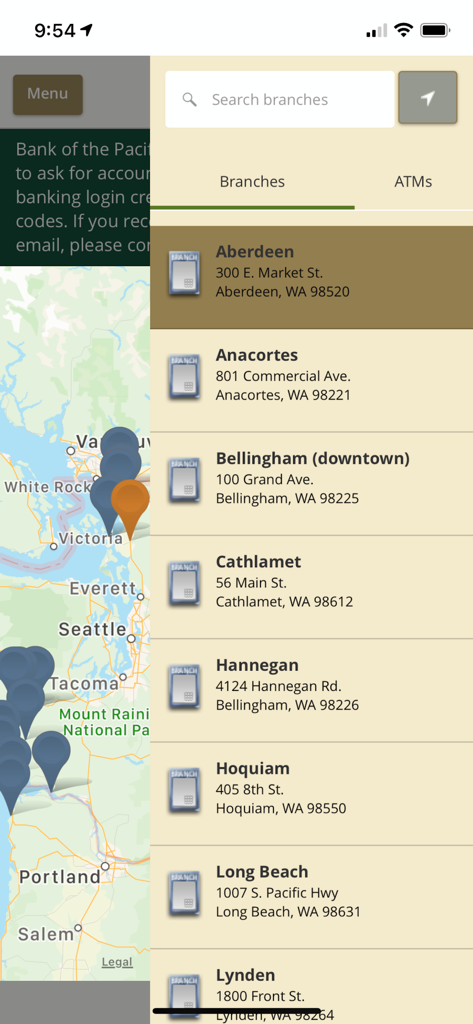 Bank of the Pacific Mobile - Bank of the Pacific Mobile app branch locator and map showing locations in Washington and Oregon