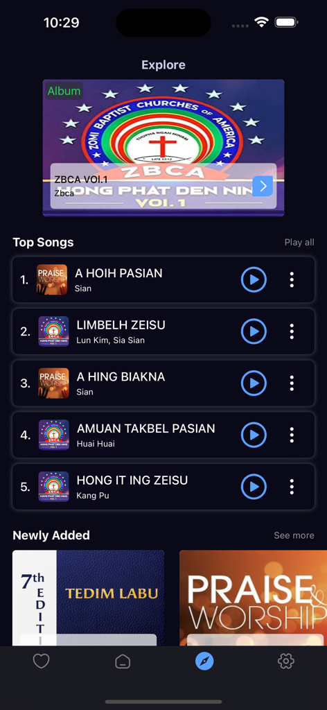 ZomiVerse - ZomiVerse app explore screen showing top Zomi worship songs and albums
