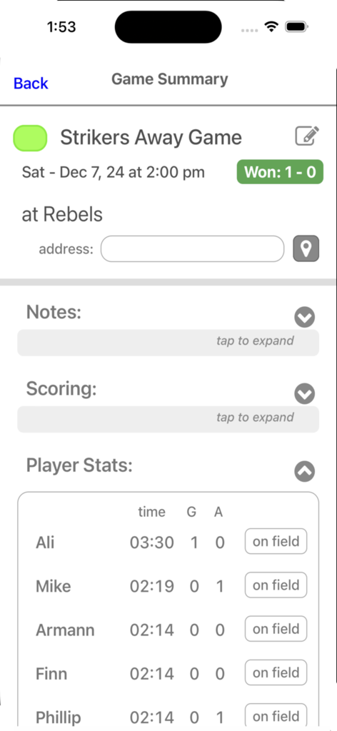 Who's On - Field Hockey - Pantalla de resumen de partido de hockey sobre césped que muestra los resultados del partido y estadísticas individuales de los jugadores como tiempo de juego y goles