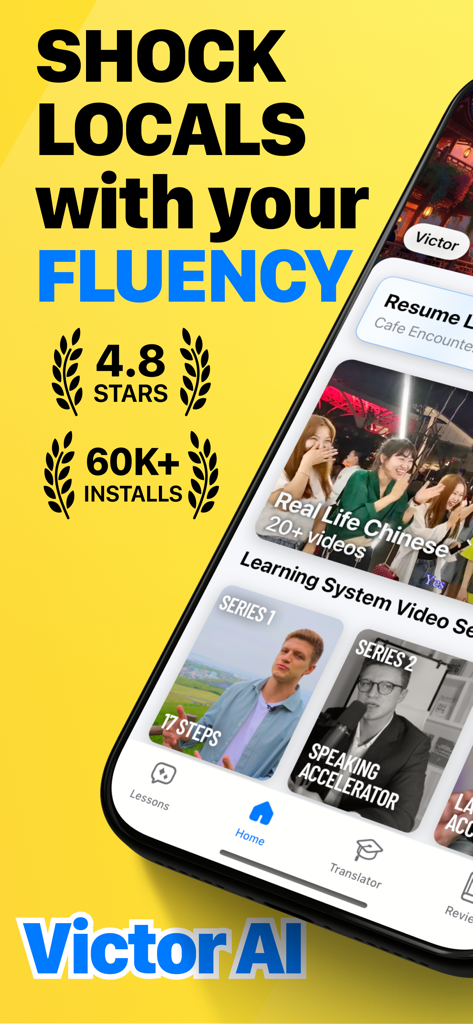 Victor AI - Language Learning - Victor AI language learning app interface showcasing video lessons and speaking accelerator features