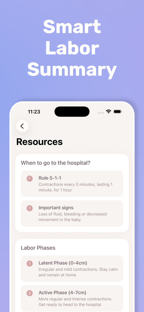 Contraction Timer: Pregnancy - Labor resources screen with hospital guidelines and labor phases