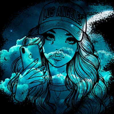 realistic beautiful girl wearing los ángeles cap holding an iphone