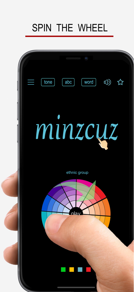 Una pantalla de móvil mostrando la función gamificada de girar la rueda de la aplicación Learn Zhuang Language para descubrir nuevas palabras de vocabulario como minzcuz que significa grupo étnico.