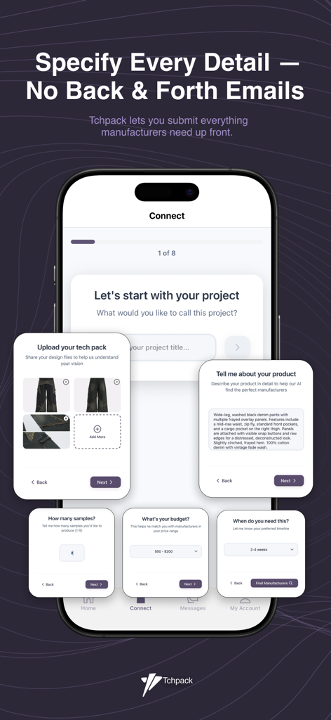 Tchpack - Tchpack app interface showing the step by step process for specifying fashion project details for manufacturers