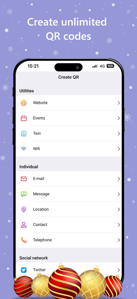 QR Code & Barcode Reader © - Mobile app interface for creating custom QR codes for websites wifi and social media