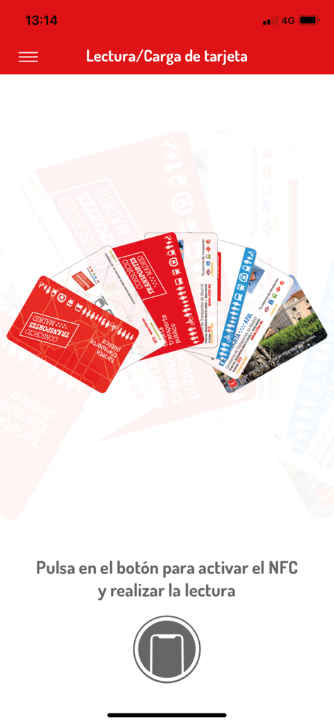 Madrid public transport card NFC scanning screen