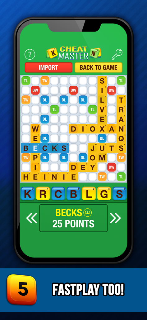 Cheat Master app screenshot showing a word game board with solved word suggestions and points