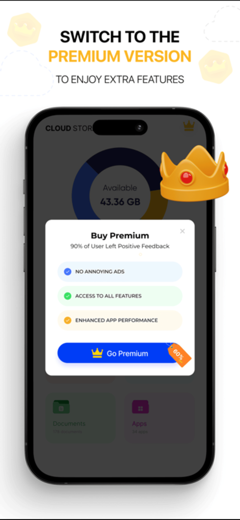 Premium upgrade pop up showing features like no ads and access to all tools in the cloud drive app