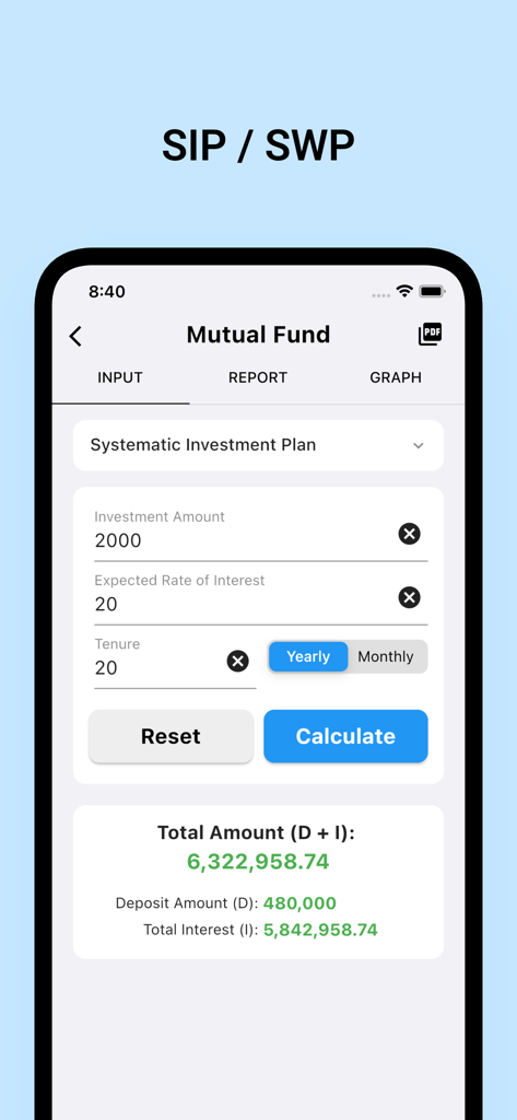 Financial Calculator Pro - The Systematic Investment Plan calculator interface in the Financial Calculator Pro app showing mutual fund investment projections