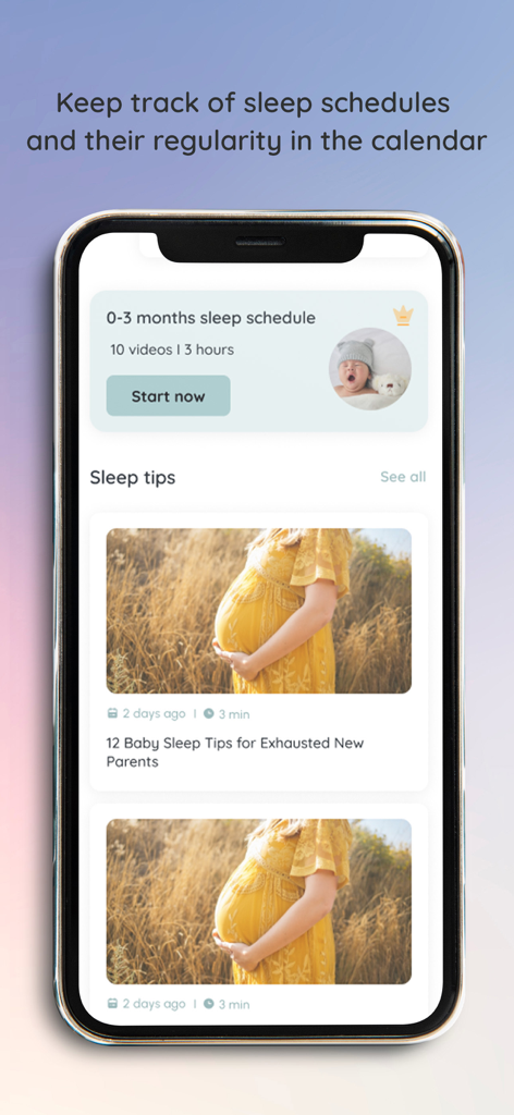 Sinana - Për bebin dhe nënën - Sinana app interface showing baby sleep schedule and tips for new parents