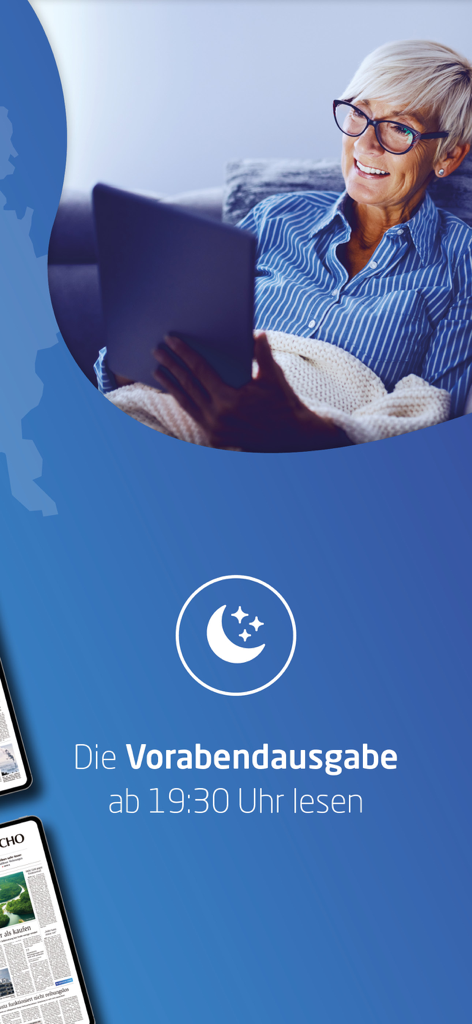 Eine lächelnde Frau beim Lesen der Echo E-Paper Abendausgabe auf ihrem Tablet