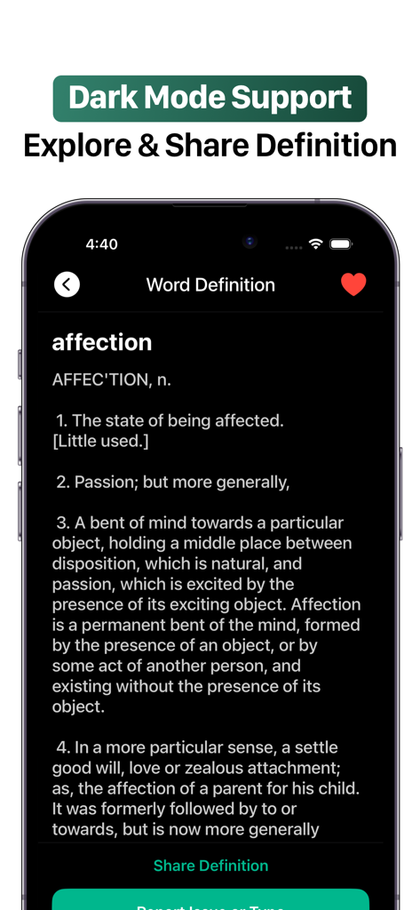1828 Dictionary - Webster's - 1828 Dictionary app displaying the definition of affection in dark mode