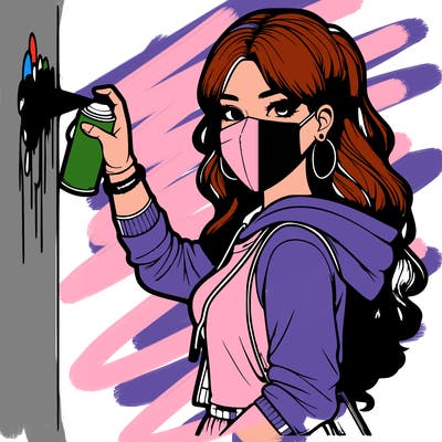 realistic girl with mask spray painting a wall