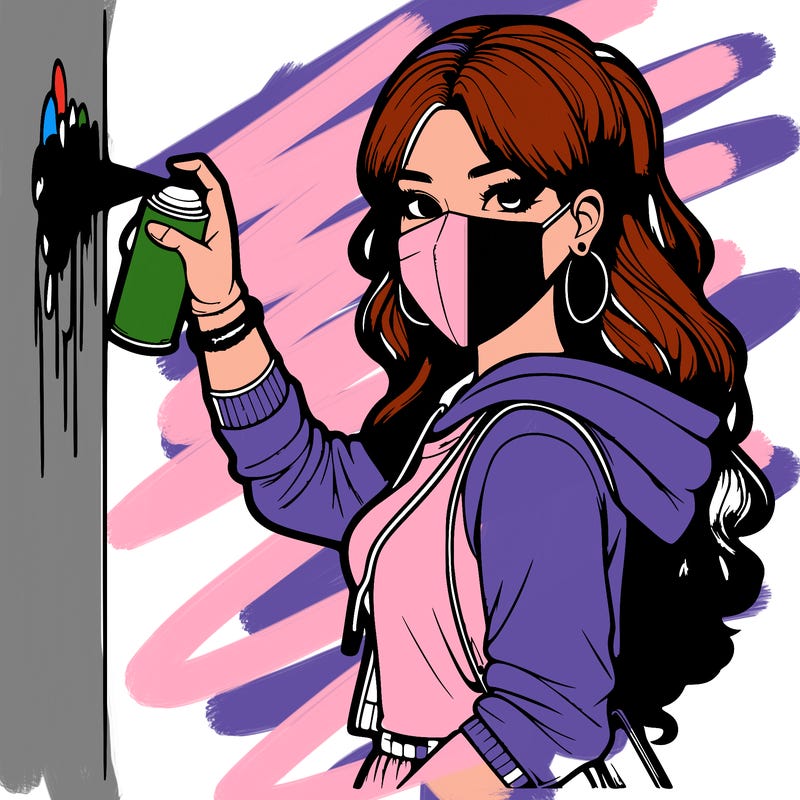 realistic girl with mask spray painting a wall