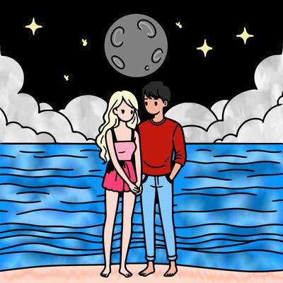 man & woman couple on the beach under the moon