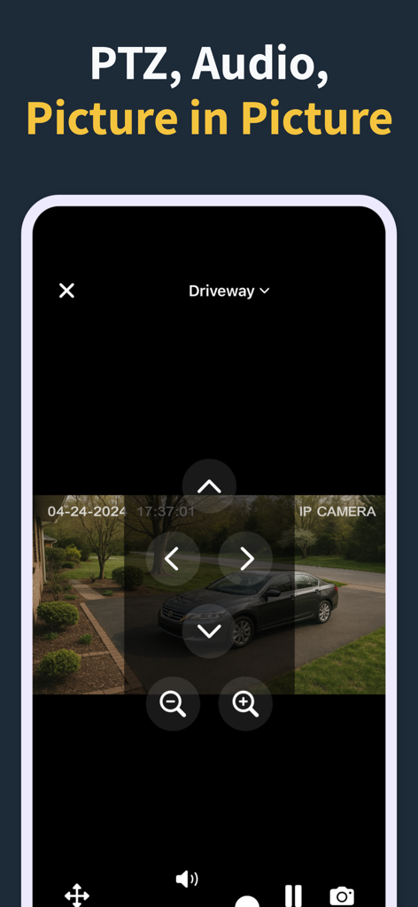 IP Camera Viewer & Monitor - IP camera viewer interface with pan tilt zoom controls over a driveway security feed