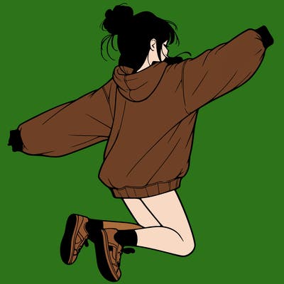 realistic girl jumping with a bun and oversized sweatshirt