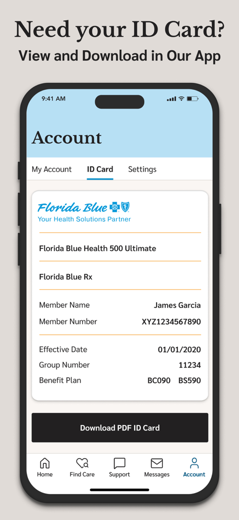Florida Blue - Visualização do cartão de identificação digital do seguro saúde no aplicativo móvel Florida Blue
