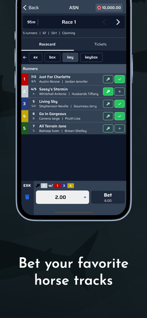 Shark Casino and Sportsbook - 상어 카지노 및 스포츠북 모바일 앱의 경마 베팅 인터페이스에서 레이스 카드 및 출마마를 보여줍니다.
