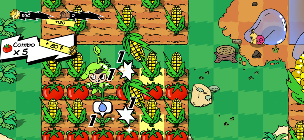 Super Farming Boy character harvesting corn and tomatoes with a chain reaction combo effect