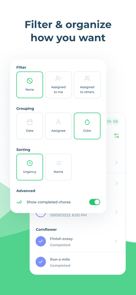 Chap: Chores Tracker & Chart - Screen showing filter and organization options for household tasks in the Chap app