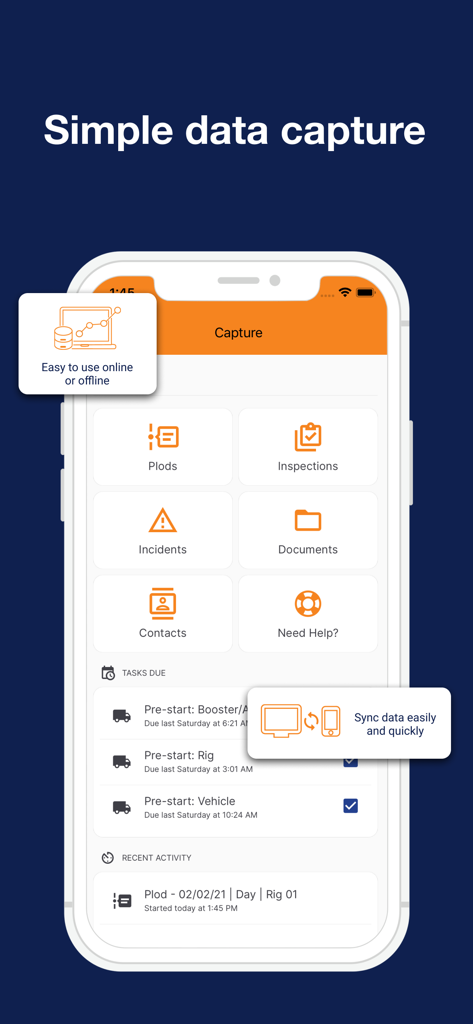 CorePlan - CorePlan mobile app interface showing simple data capture options for field workers like plods and inspections