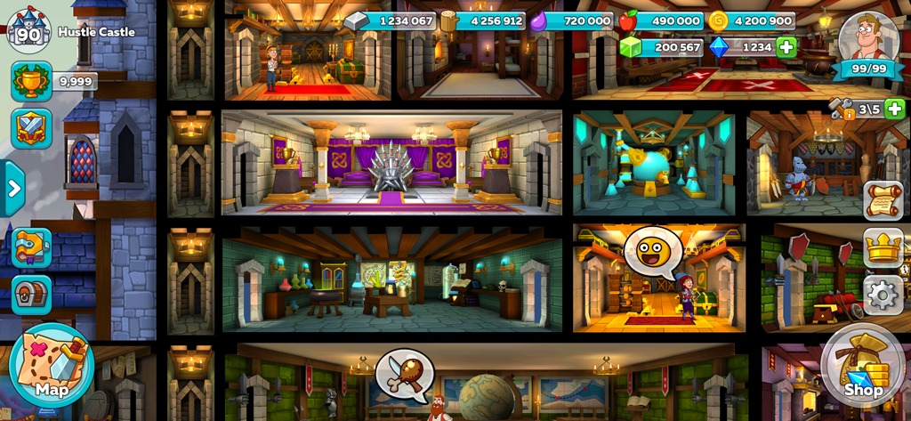 Visão de corte transversal do interior de um castelo medieval com diferentes salas especializadas em Hustle Castle.