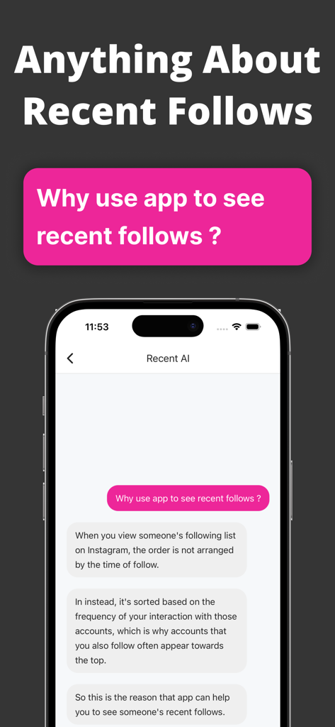 Recent Follow - Interfaccia di chat AI che spiega perché l'app Follow recenti è necessaria per vedere i follow cronologici di Instagram